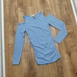 MICHAEL KORS | Blue White Striped Cold Shoulder Ruched Zipper Long Sleeve, XS